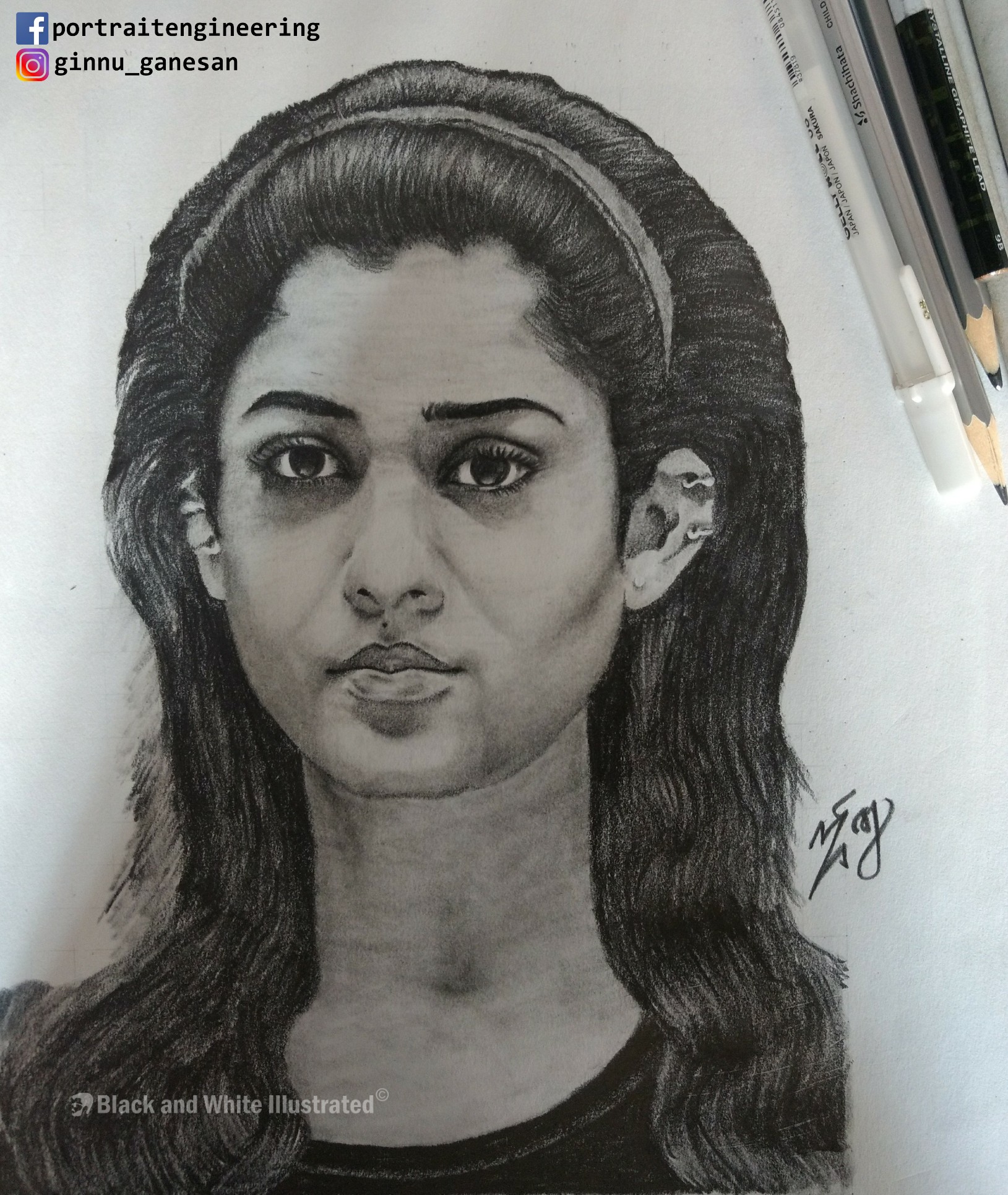 Portrait Of Actress Nayanthara Black And White Illustrated